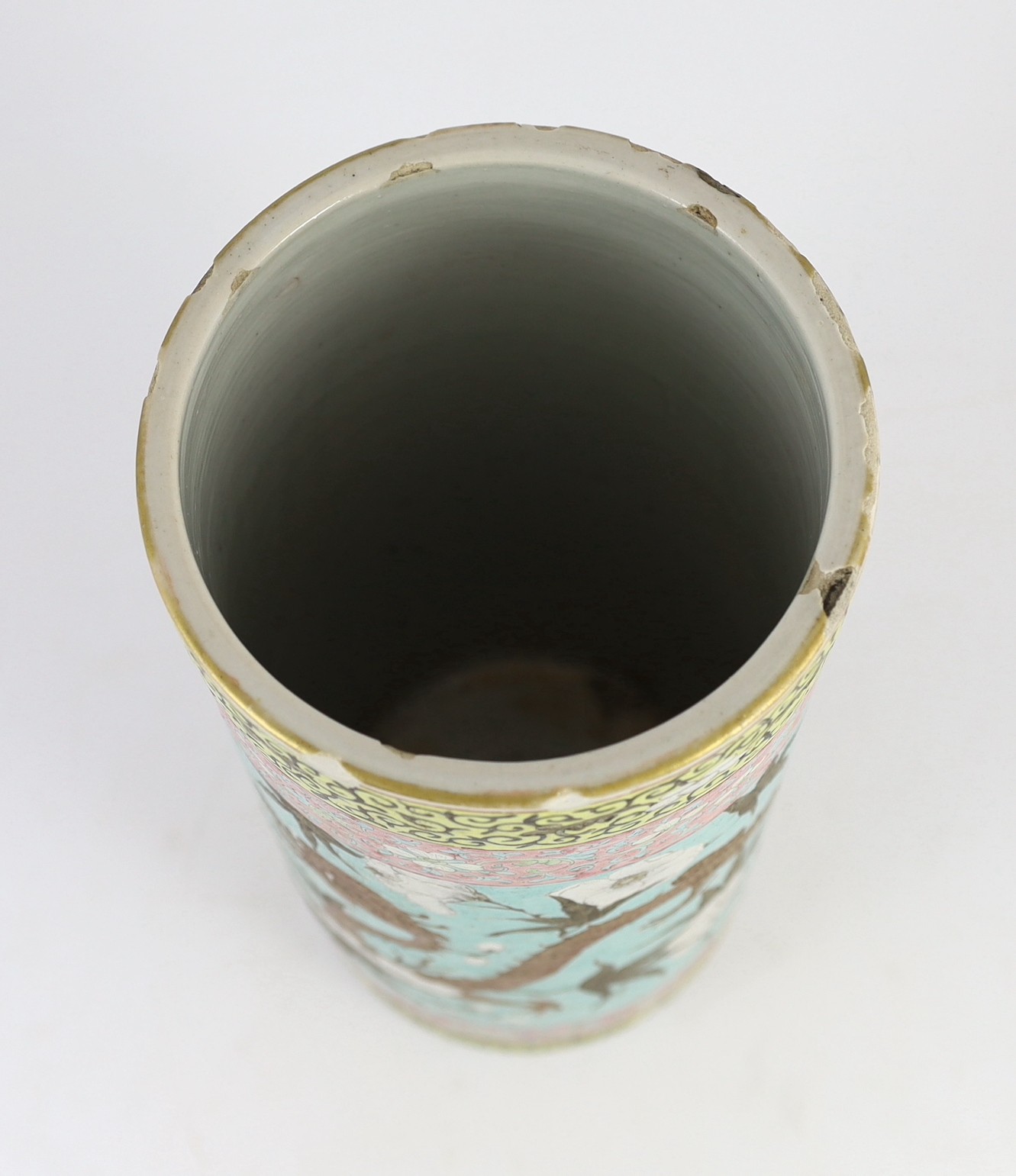 A Chinese enamelled porcelain ‘dragon’ cylindrical vase, late 19th century, 35.5cm high, rim splinter chips